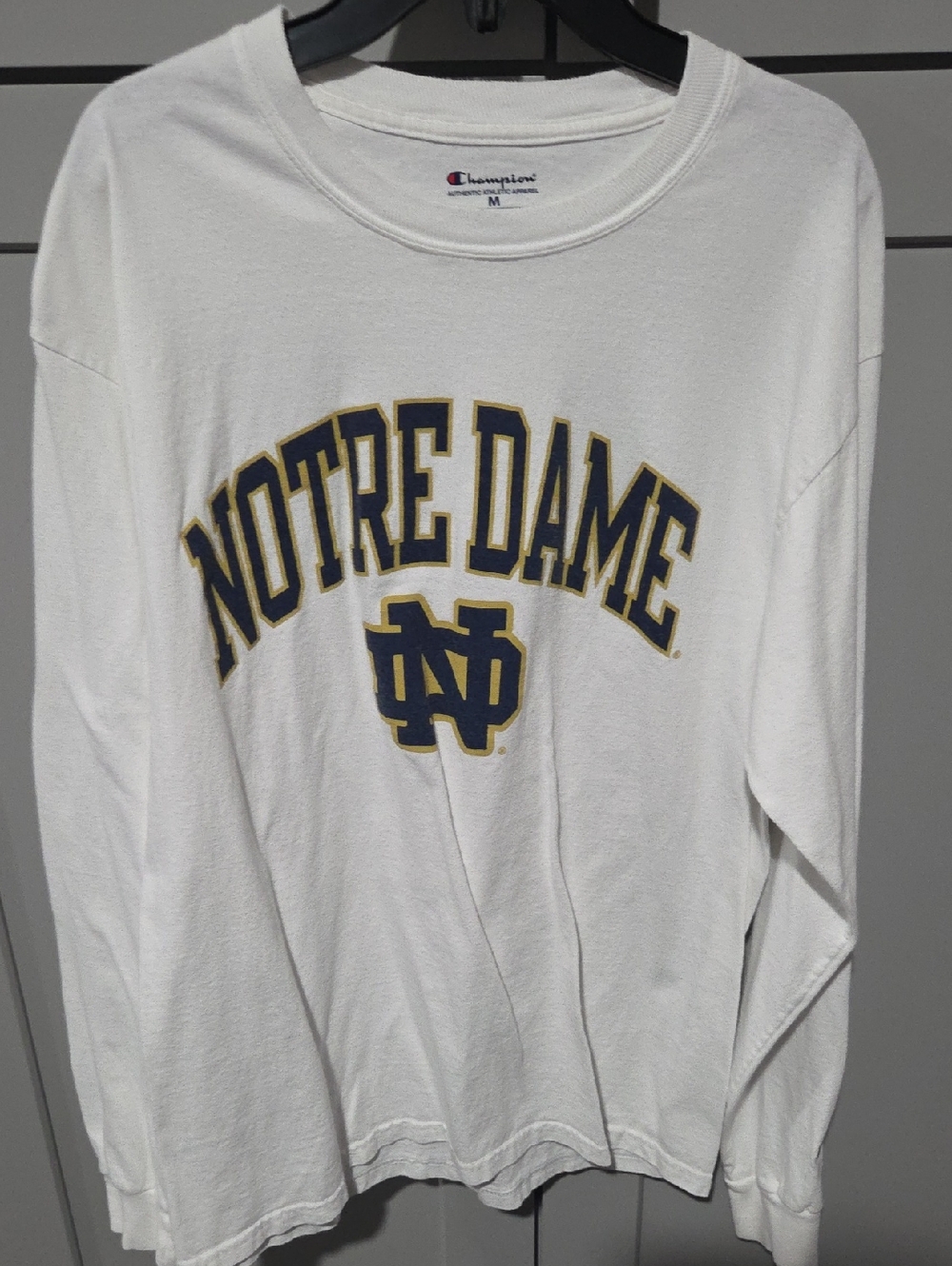 Champion White Long Sleeve Notre Dame Tee with Navy & Gold Print
